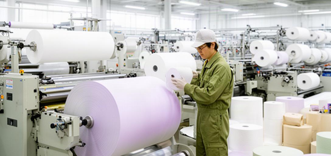 宮崎県内の明るい紙製品工場でロール紙を検品するスタッフ