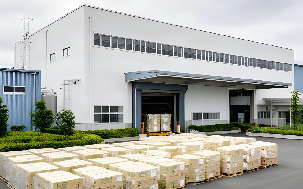 宮崎県宮崎市のトイレットペーパー工場外観と搬入口に並ぶ製品パレット