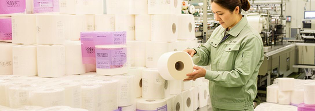 宮崎の衛生的な工場でトイレットペーパーを検品するスタッフと整然と積まれた製品